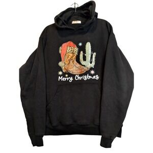 Merry Christmas Cowboy Boot Cactus Graphic Black‎ Hoodie Sweatshirt Large